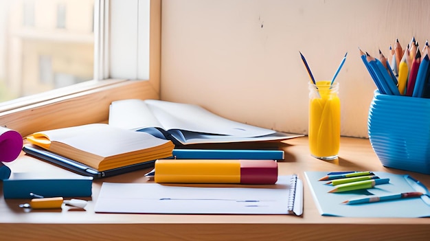 Fournitures sur une table près de la fenêtre journée ensoleillée retour au concept de l'école