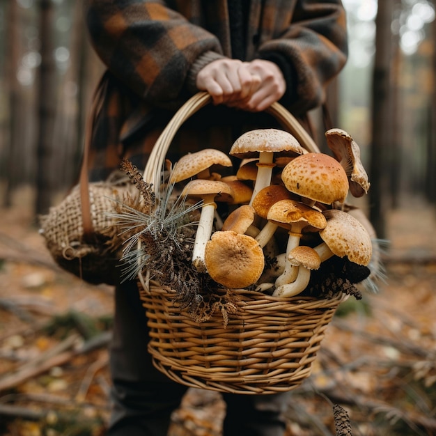 Fourrage de champignons d'automne en Pologne sur fond de forêt