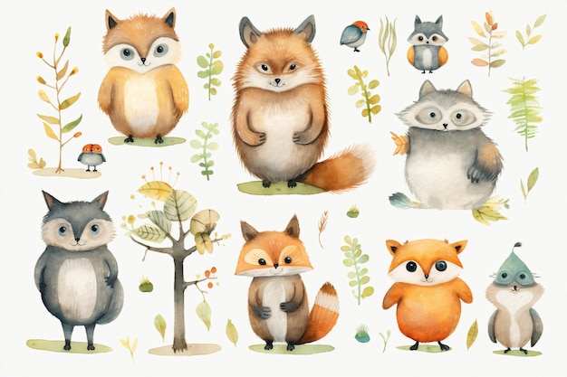 Fox design animaux de zoo mignons art dessin animé impression forestière raton laveur personnage dessin d'ensemble