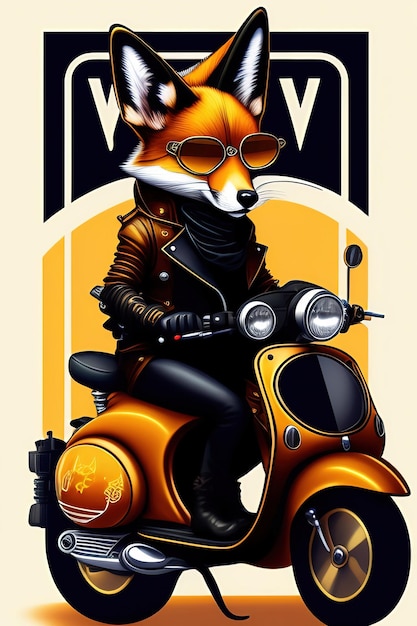 Un fox fursona steampunk avec des bottes assis sur un cyclomoteur Vespa avec des lunettes de soleil