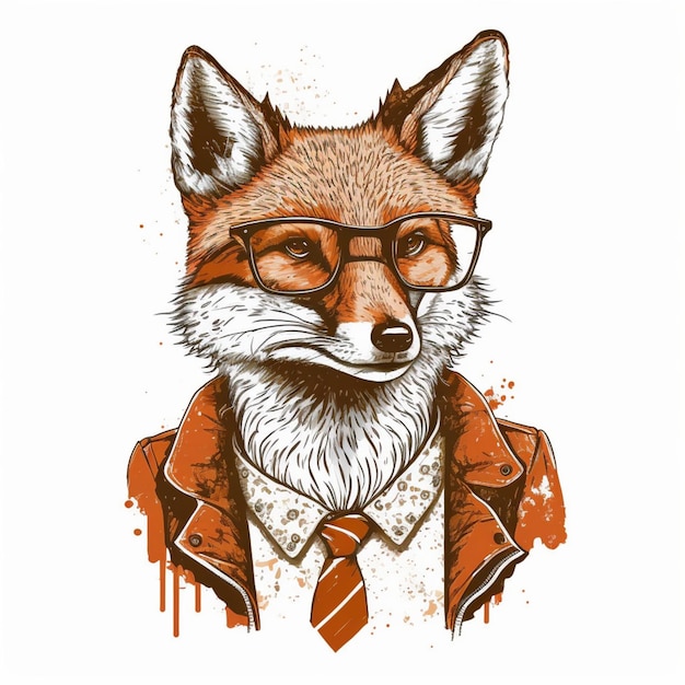 Photo fox avec des lunettes et une cravate. renard avec des lunettes et une cravate. croquis dessiné à la main. illustration vectorielle.