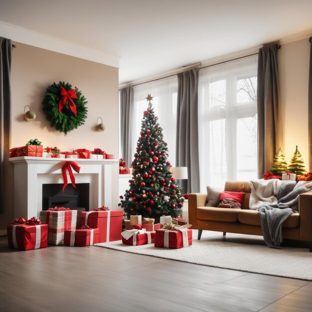 Foyer arbre de Noël et cadeaux dans un chalet de luxe avec vue sur les montagnes enneigées