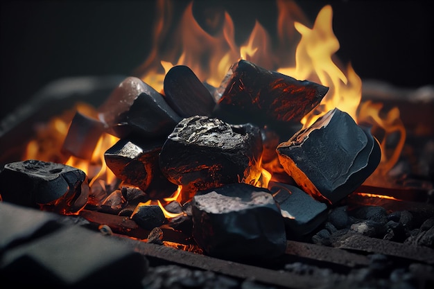 Un foyer avec des charbons noirs et les mots "feu" dessus