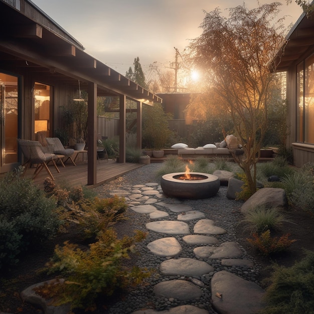 Un foyer dans l'arrière-cour d'une maison avec un coucher de soleil en arrière-plan.