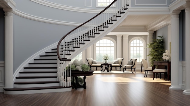 Foyer avec escalier incurvé Foyer dans une maison de luxe avec escalier incurvé et vue sur la salle à manger