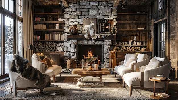 Le foyer, les étagères, les fenêtres, les lampes, le bâtiment, le bois dur, la symétrie, la table, la chaise en bois, le canapé, la pièce en briques.