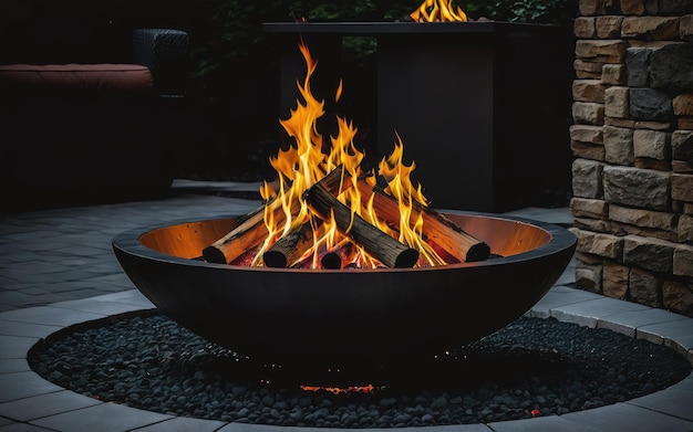 un foyer avec des flammes qui y brûlent sur une surface sombre avec un fond noir