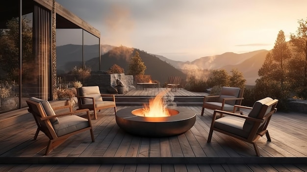 Foyer et meubles sur la montagne de luxe moderne Generative Ai