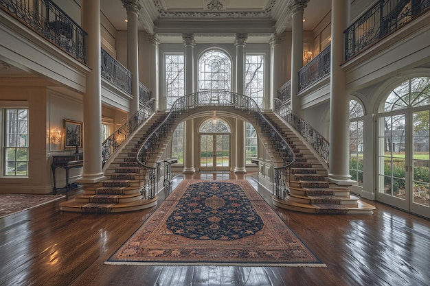 Photo foyer de style géorgien classique avec un grand escalier et des moulures détaillées