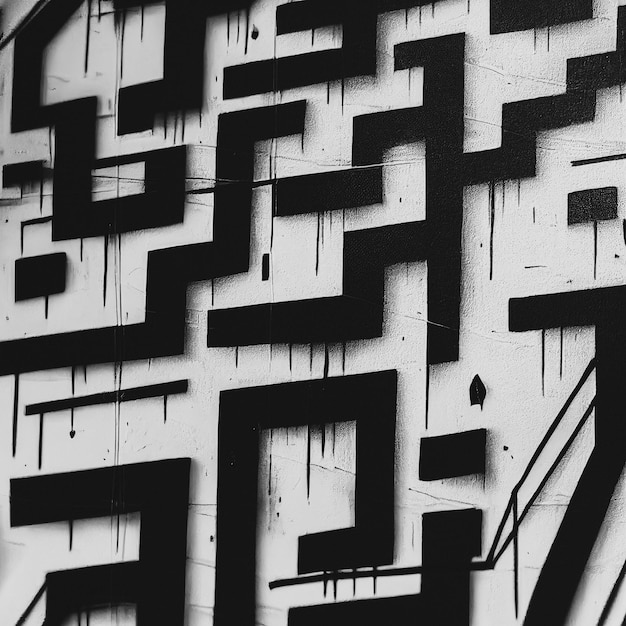 Fragment d'art de rue avec des lignes géométriques abstraites en noir et blanc Ruelle abandonnée zone graffiti vandalisme illustration 3D