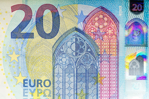 Fragment de billet de 20 euros billet de 20 euros L'euro est la monnaie officielle de l'Union européenne