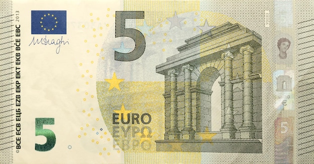 Fragment d'un billet de cinq euros Détails colorés du billet de banque de cinq euros de l'Union européenne