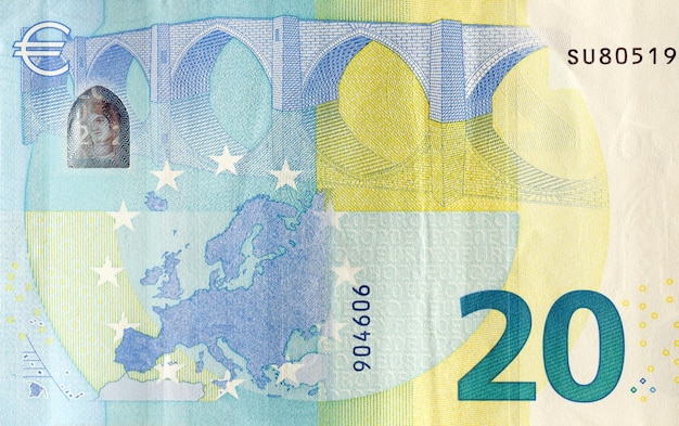 Photo fragment d'un billet de vingt euros détails de la monnaie de l'union européenne billet d'euro en gros plan