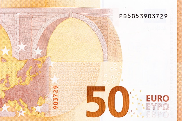 Fragment de macro de billets de cinquante euros, verso. Photo haute résolution.