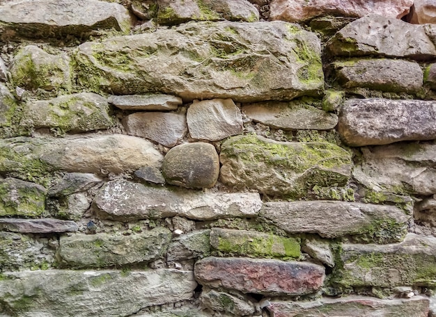 Photo fragment d'un mur de pierre sauvage recouvert de mousse et de moisissure