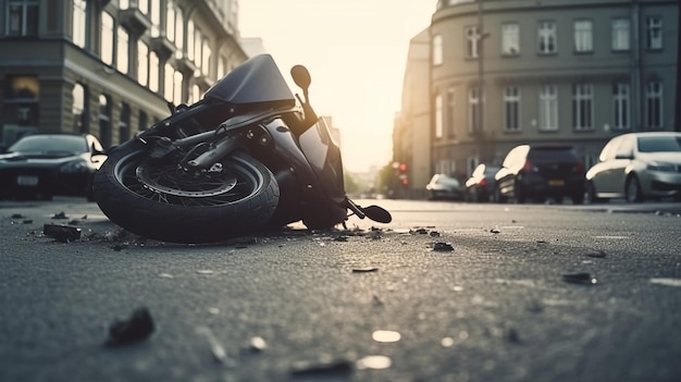 Fragments d'une moto cassée sur le trottoir AI générative