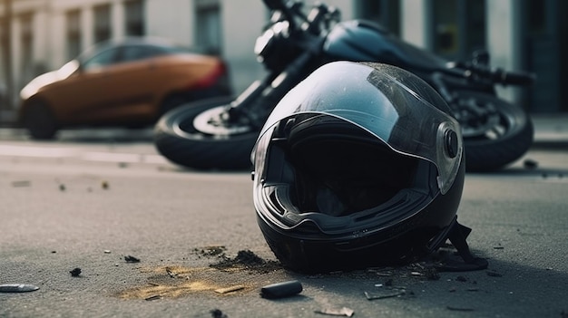 Fragments d'une moto cassée sur le trottoir AI générative