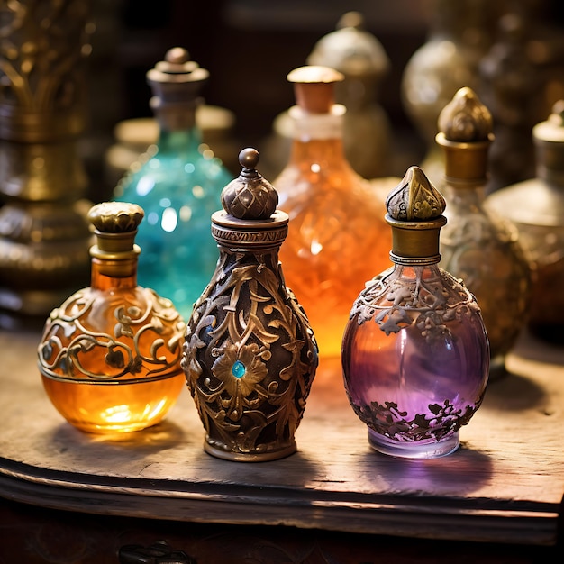 Fragrances anciennes Présentez des bouteilles ou des récipients anciens contenant des huiles d'attar