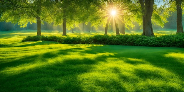 La fraîche pelouse du printemps sous le ciel ensoleillé