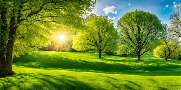 La fraîche pelouse du printemps sous le ciel ensoleillé