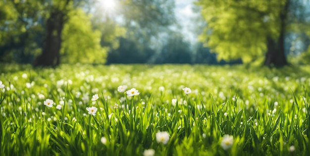 La fraîche pelouse du printemps sous le ciel ensoleillé