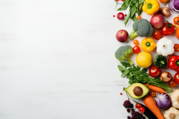 Fraîche et saine, une composition plate pour une cuisine saine sur une table en bois blanc