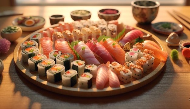 Fraîcheur sur assiette fruits de mer sashimi maki sushi nigiri apéritif généré par l'intelligence artificielle