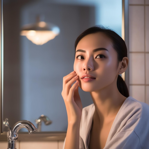 Fraîcheur attrayante femme asiatique propre visage eau douce avec soin regarder miroir dans la salle de bain maison
