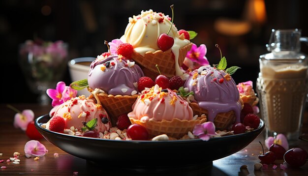 Photo fraîcheur et douceur d'un dessert gastronomique fait maison sur table rose généré par l'intelligence artificielle