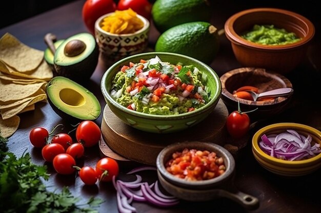 La fraîcheur et l'épice dans un bol de guacamole et de taco