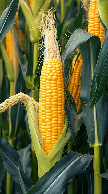 La fraîcheur de la ferme Le maïs jaune niché dans les feuilles vertes sur le champ