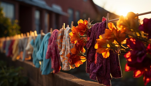 Photo la fraîcheur des feuilles multicolores et vibrantes de l'automne accrochées à la corde à linge générée par l'ia