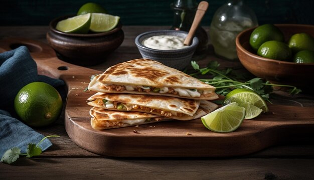La fraîcheur et la table en bois rustique mettent en valeur le taco de guacamole maison gastronomique généré par l'intelligence artificielle