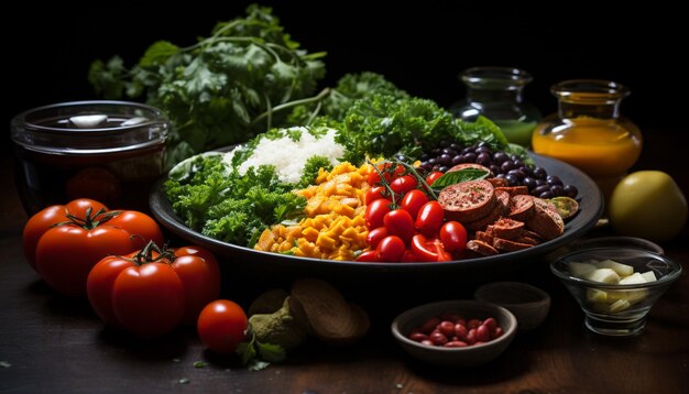 Fraîcheur sur une table en bois salade saine légumes biologiques ingrédients gastronomiques générés par l'intelligence artificielle