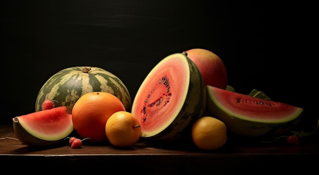 La fraîcheur d'une tranche de melon juteuse d'été sur une table en bois générée par l'intelligence artificielle