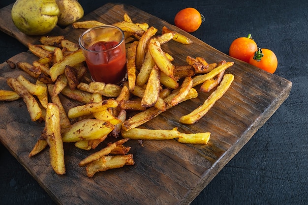 Frais français frites avec du ketchup sur fond en bois