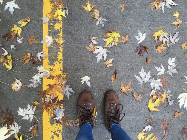 Frais généraux des jambes de la femme avec des bottes sur le sol avec des feuilles tombées, concept d'automne