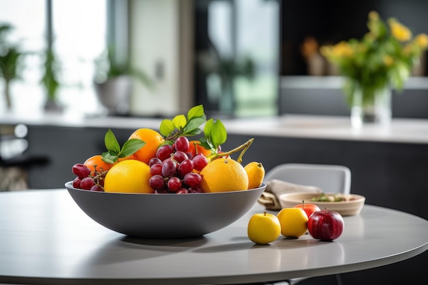 Frais et juteux Un bol de fruits colorés orne une table de cuisine moderne