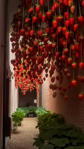 Une fraise accrochée au plafond d'un immeuble.