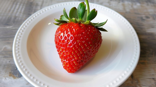 Une fraise sur une assiette blanche