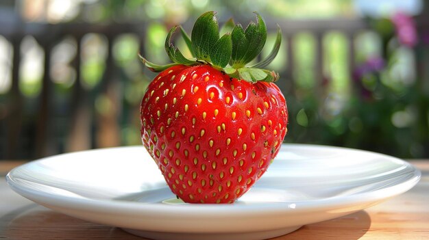 Photo une fraise sur une assiette blanche