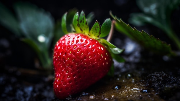 Une fraise au sol avec des feuilles vertes