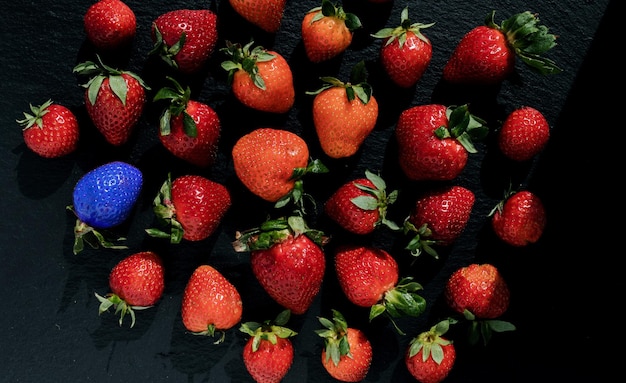 Une fraise bleue parmi les fraises rouges