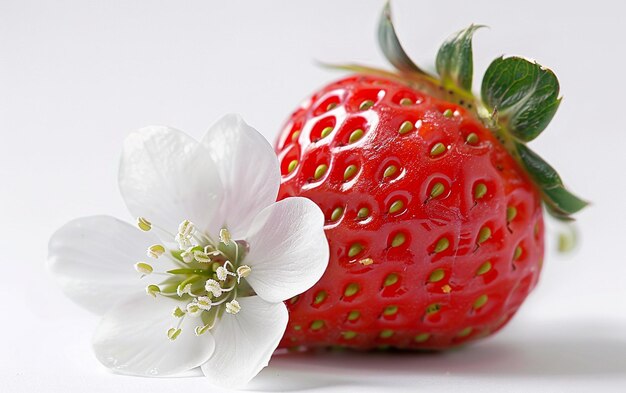 Photo fraise brillante isolée avec fleur blanche prise de vue rapprochée