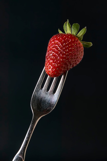 Fraise coincée dans une fourchette sur fond noir