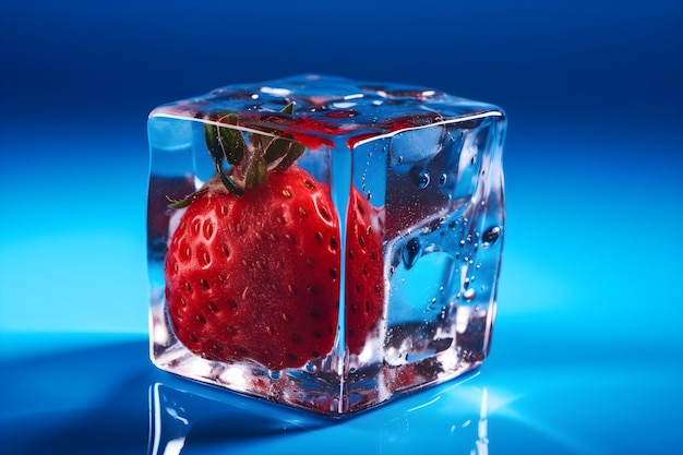 Une fraise dans un cube de glace avec un fond bleu