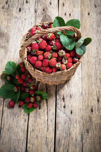 Fraise dans le panier avec des feuilles vertes sur bois