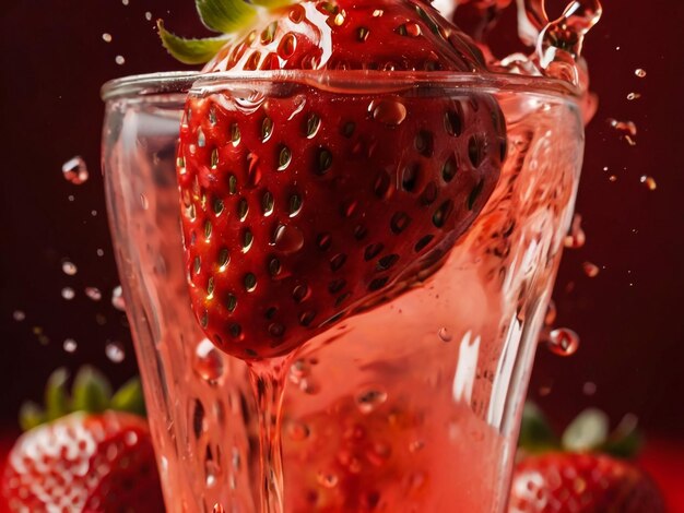 une fraise dans un verre avec de l'eau et des fraises