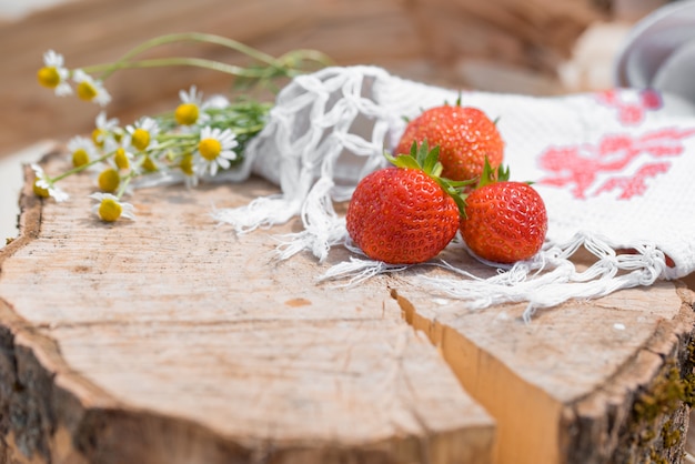 Fraise douce fraîche isolée sur un soleil éclatant. Le soleil brille de mille feux. L'herbe verte