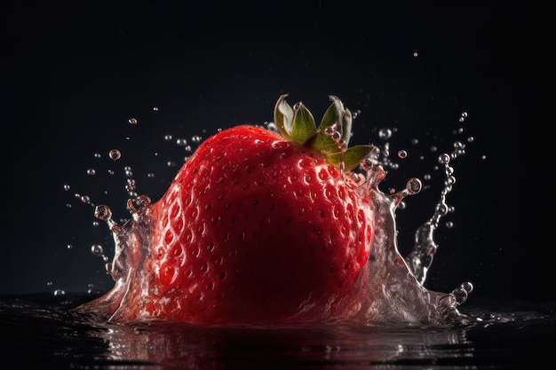 Une fraise éclaboussant dans l'eau avec un fond noir.